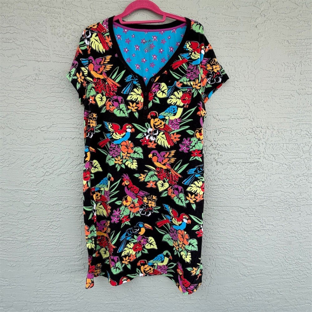 Nick & Nora Sleepshirt Nightgown Womens 2XL Black Tropical Birds Floral